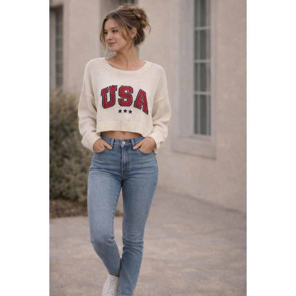 Grayson Threads USA Sweater Women XXL Cropped Knit‎ Patriotic Graphic Pullover